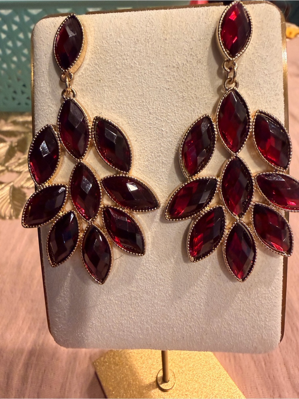 Gold-Tone Red Crystal Floral Drop Earrings - Unbranded